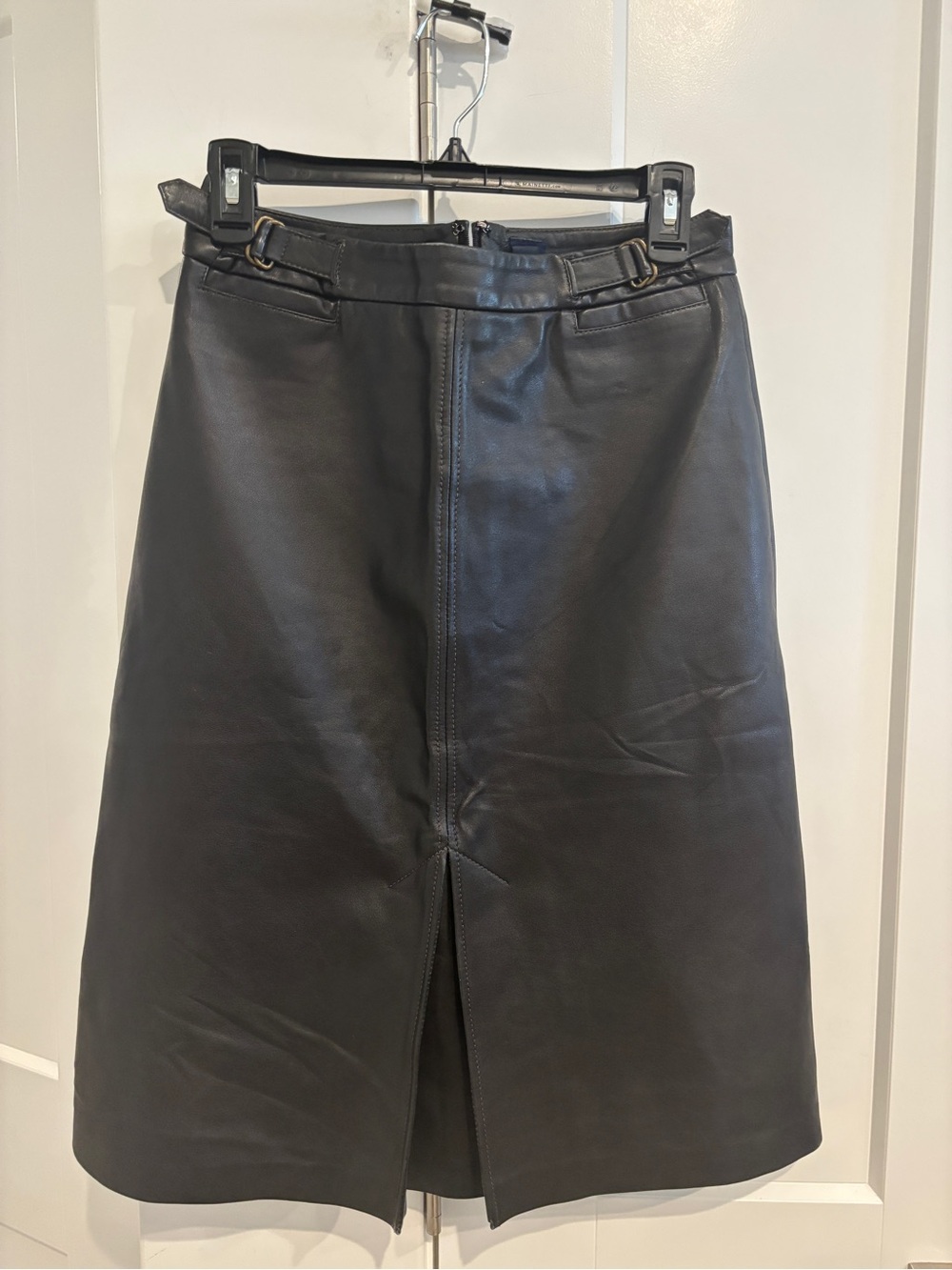 GAP Vintage Black Leather Midi Skirt with Front Vent. Size 6